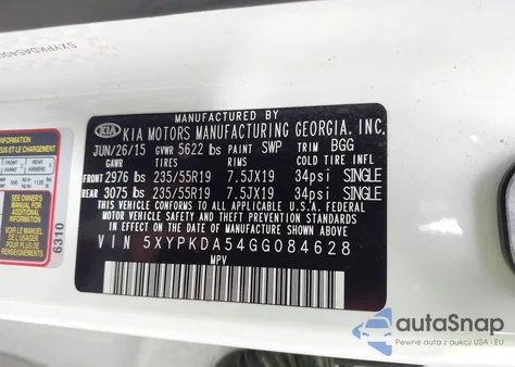 2016 Kia Sorento 3.3L Sx из США, поврежденный, VIN 5XYPKDA54GG084628